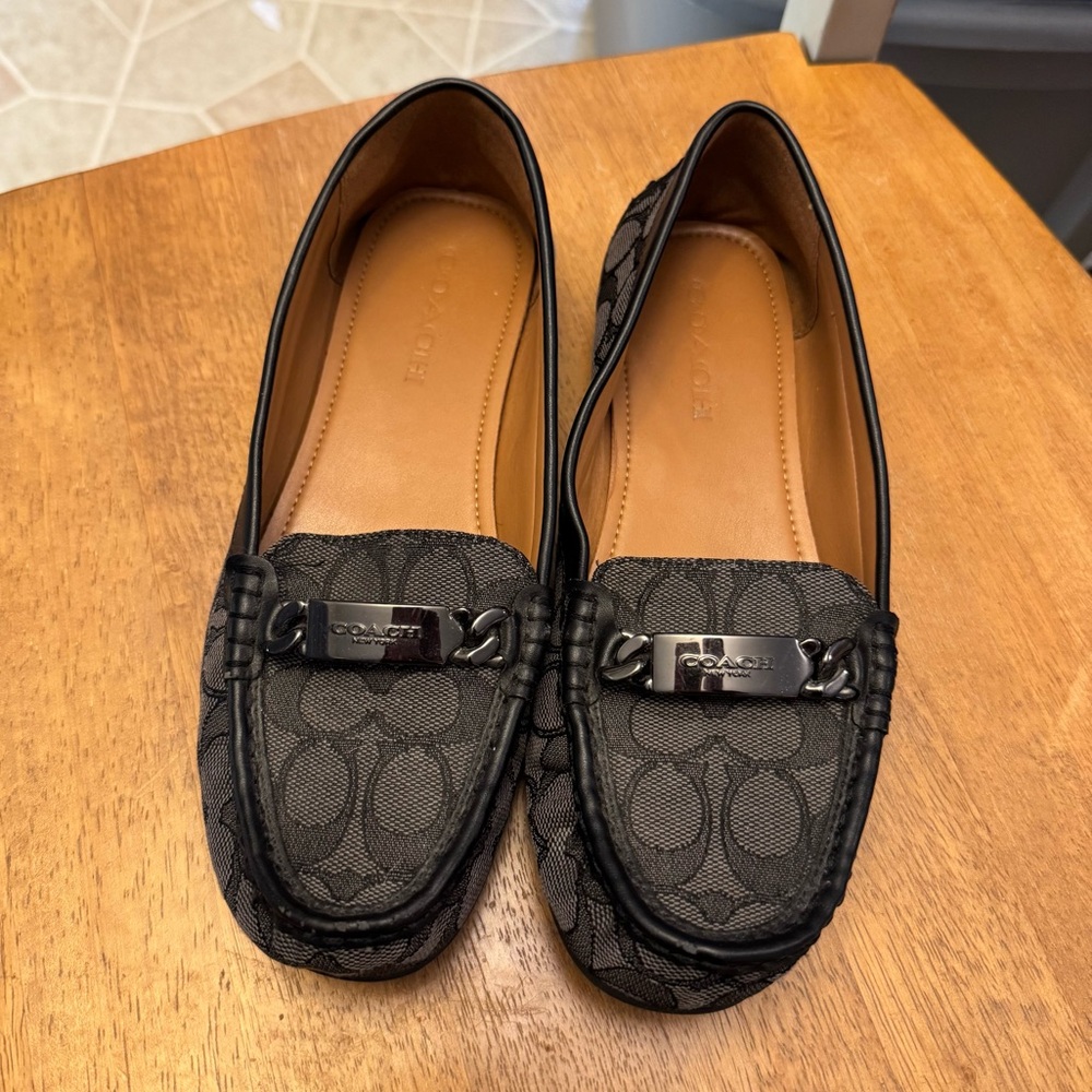COACH Olive Black Gray Signature Logo Print Canvas Leather Loafer - US 8.5